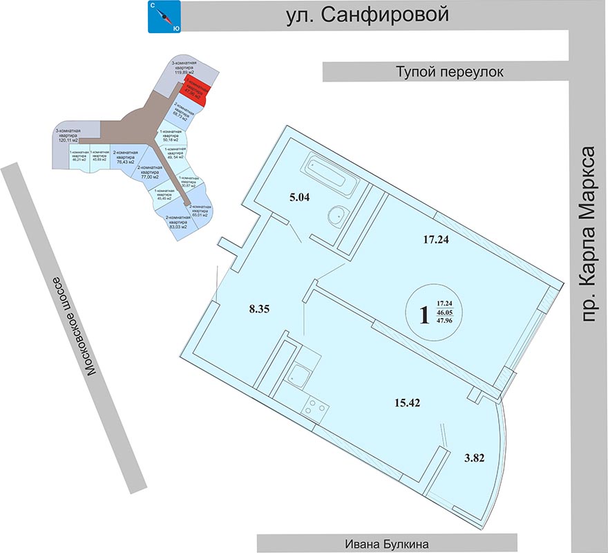 Однокомнатная квартира 47,96 м2 в ЖК Центральный Самара