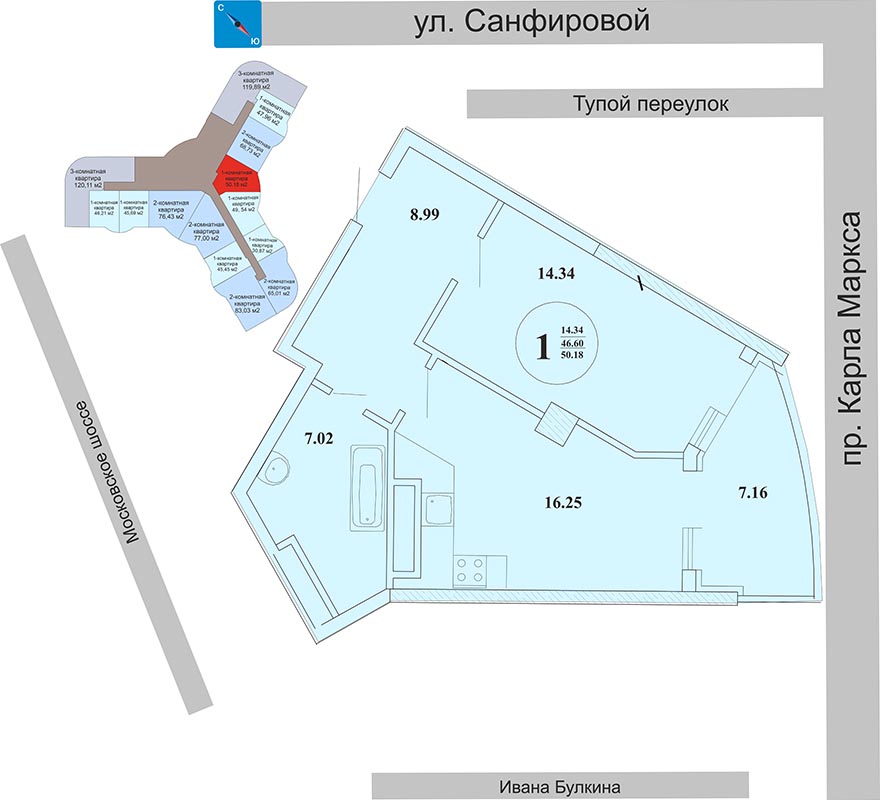 Однокомнатная квартира 50,18 м2 в ЖК Центральный Самара