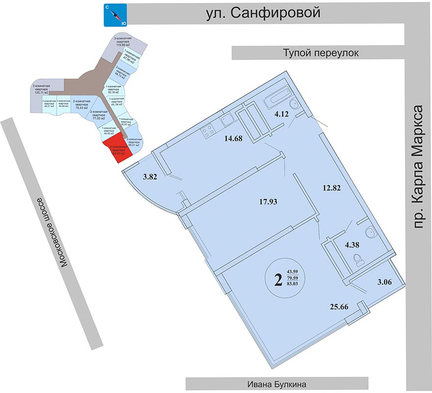 Двухкомнатная квартира 83,03 м2 в ЖК Центральный Самара